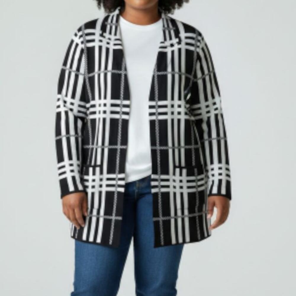 Investments II Plaid Open Front Cardigan Sweater Black White Classic Chic 1X